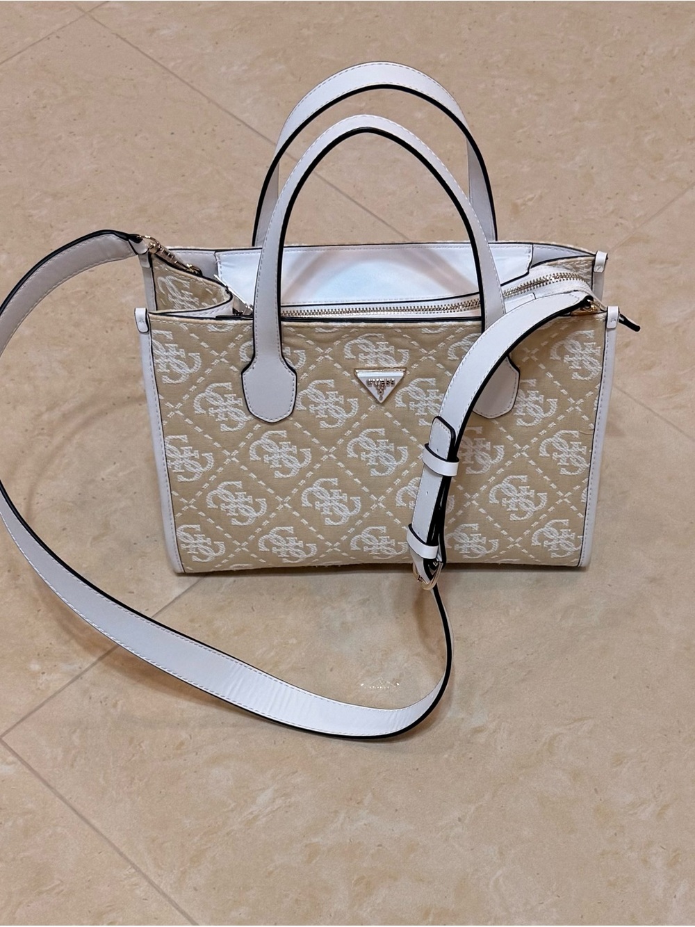 Guess  Beige and White Monogram Tote Bag with Detachable Strap